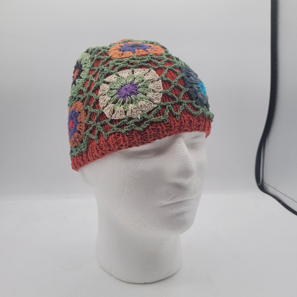 Crochet Knitted Boho Y2k Multi Colored Flower Petals Beanie Cap Hat OSFM‎